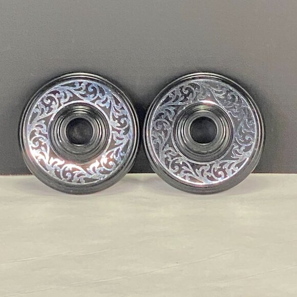 Vintage Compo-Site Black Silver Tone Scroll Design Taper Candle Holders - Picture 2 of 11